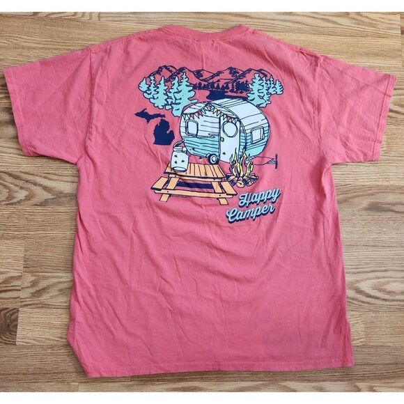 Michigan "Happy Camper" T-Shirt Top Women's Size Large Salmon Pink Tee Pullover - Picture 3 of 4